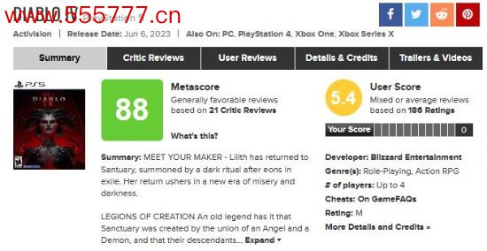 《暗黑破坏神4》M站玩家评分：全平台都遭大量差评！